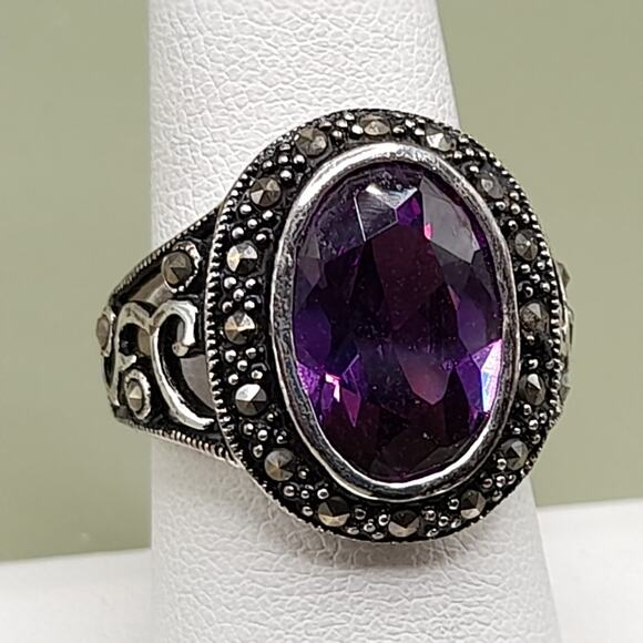 Vintage Purple Crystal Ring Marcasite 925 Sterling Size 8.25